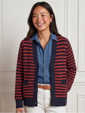 Tommy Hilfiger Navy and Coral Striped Open Cotton Knit 🧶 Cardigan